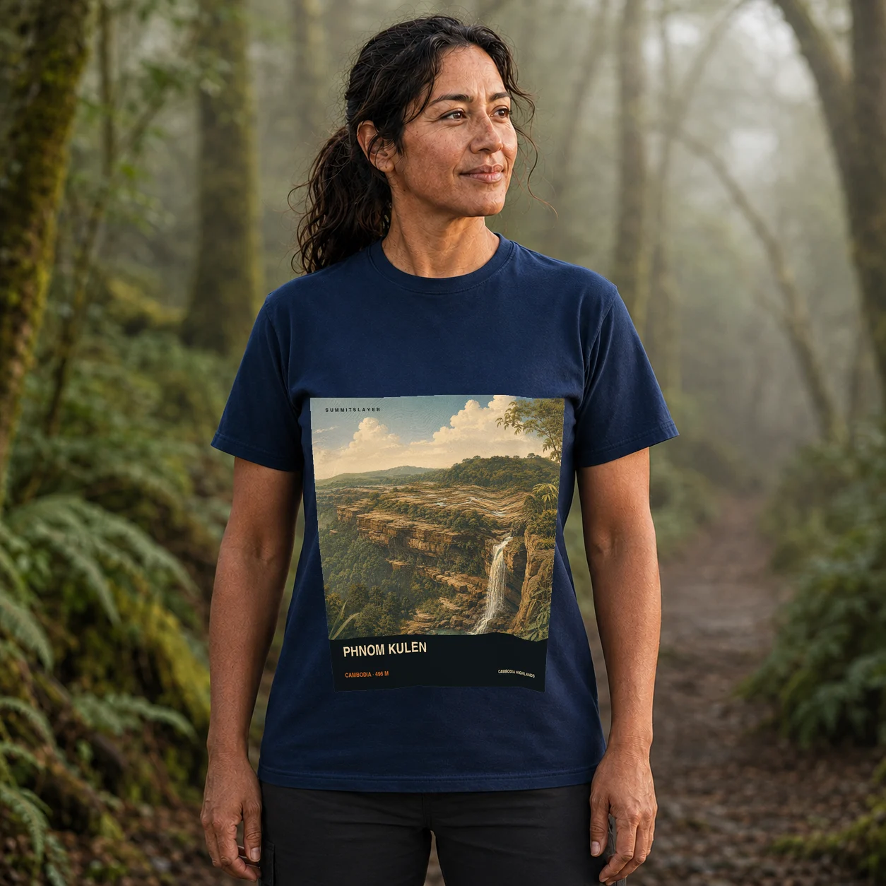 Navy Phnom Kulen T-shirt front with mountain artwork