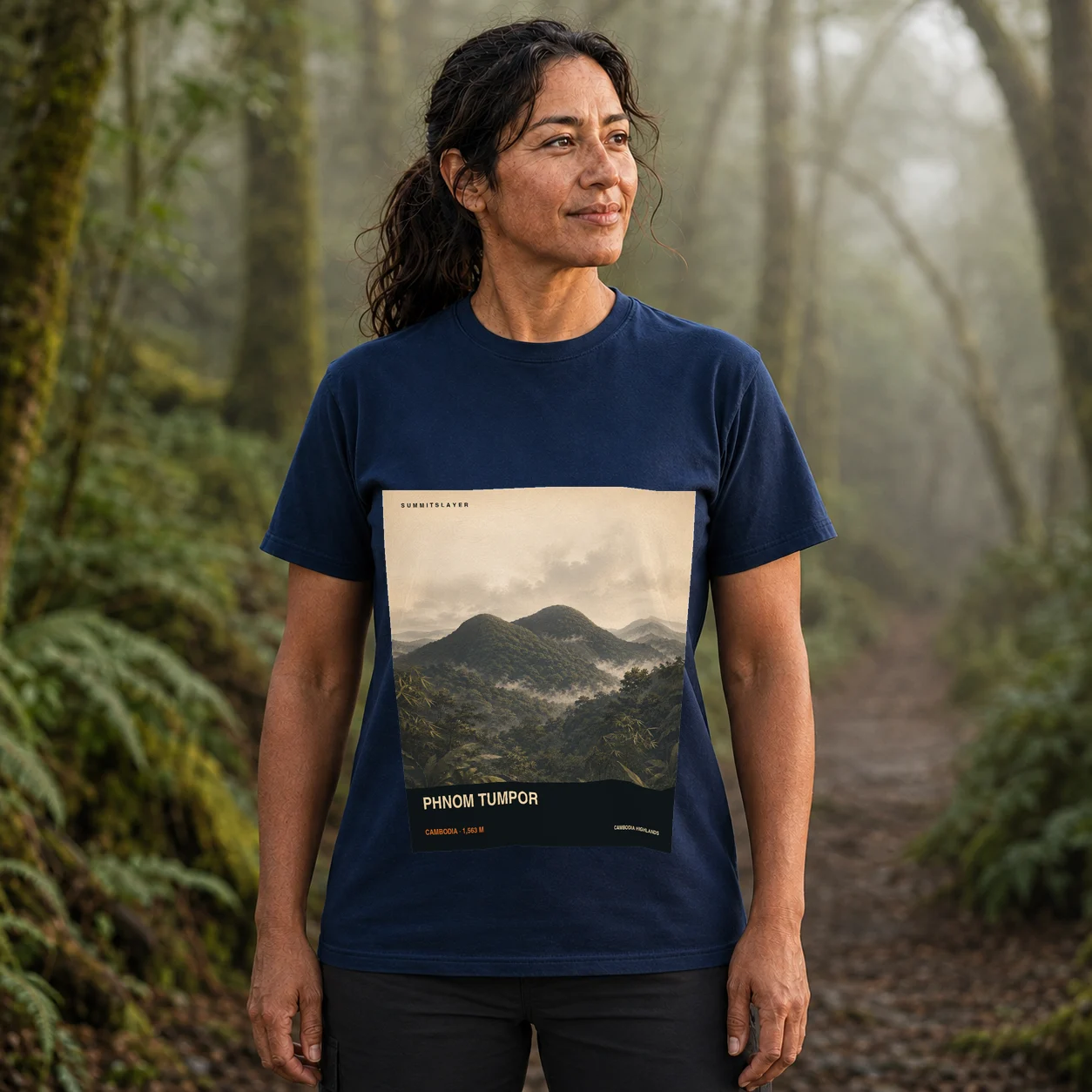 Navy Phnum Nheathan T-shirt front with mountain artwork