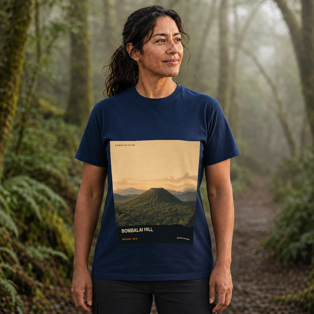Navy Bombalai Hill T-shirt front with mountain artwork