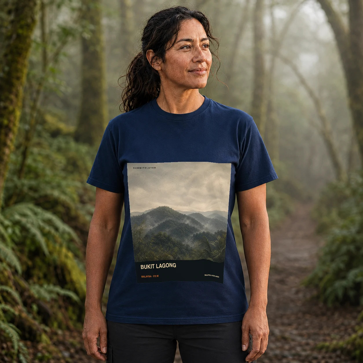 Navy Bukit Lagong T-shirt front with mountain artwork
