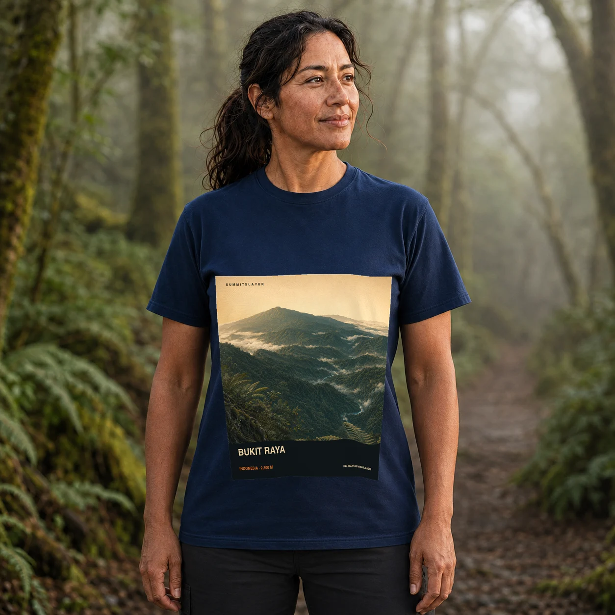 Navy Bukit Raya T-shirt front with mountain artwork