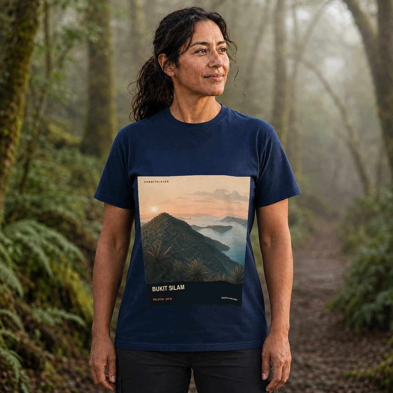 Navy Bukit Silam T-shirt front with mountain artwork