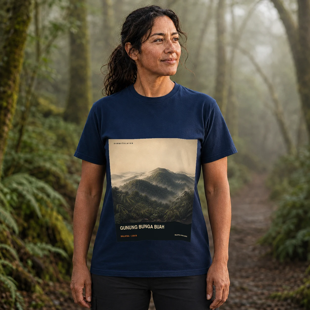 Navy Gunung Bunga Buah T-shirt front with mountain artwork