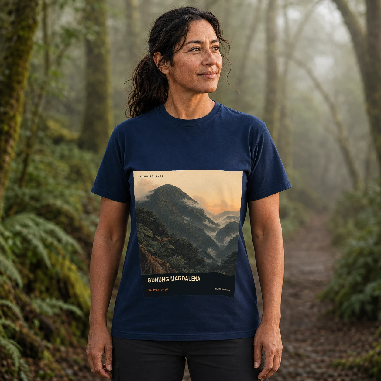 Navy Gunung Magdalena T-shirt front with mountain artwork