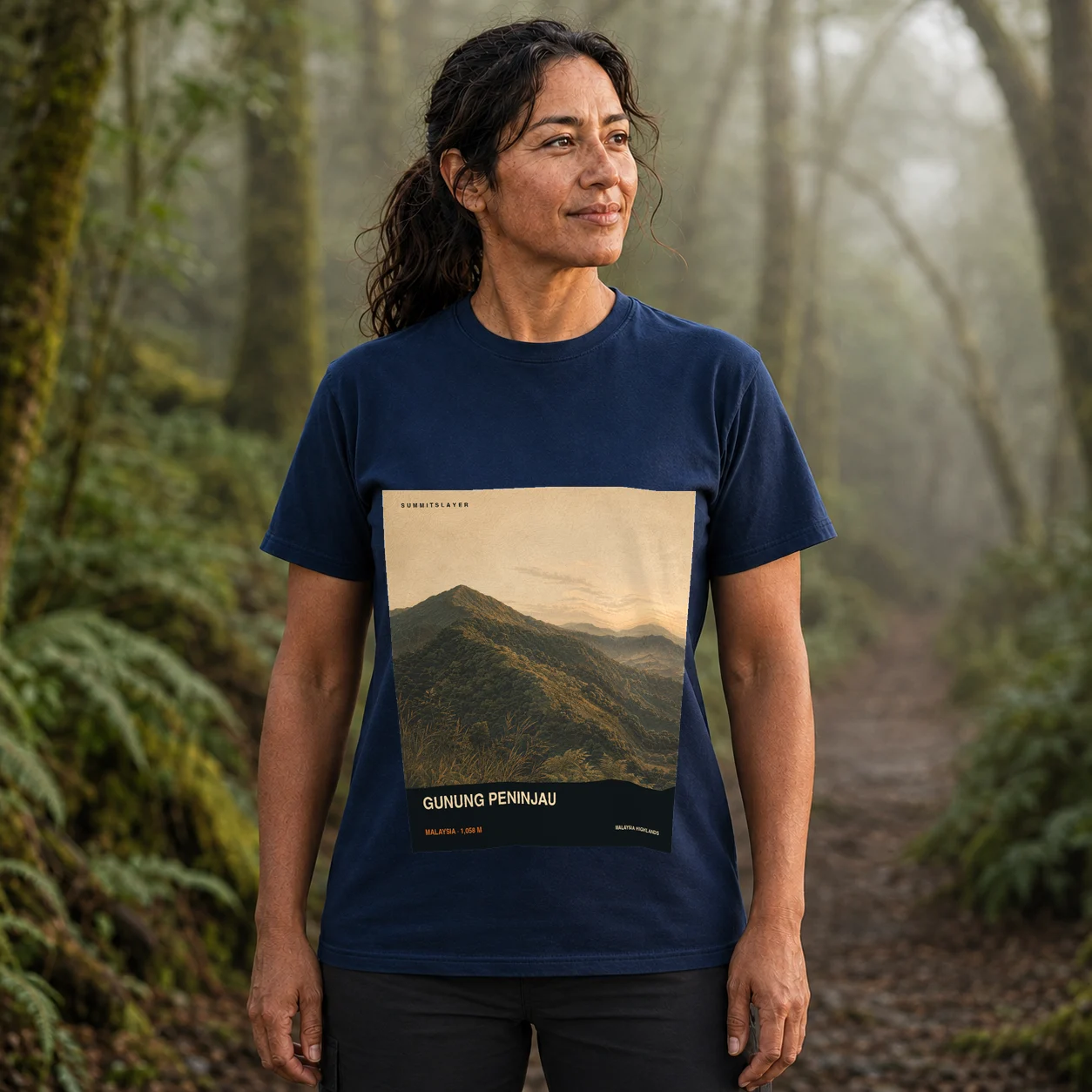 Navy Gunung Peninjau T-shirt front with mountain artwork