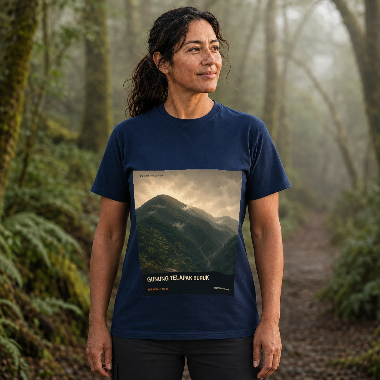 Navy Gunung Telapak Buruk T-shirt front with mountain artwork