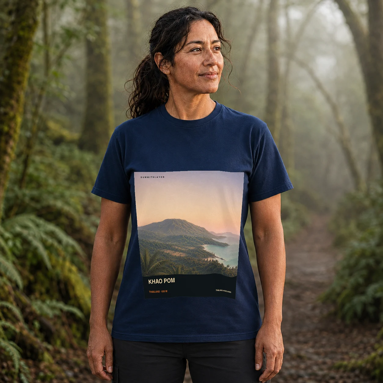 Navy Khao Pom T-shirt front with mountain artwork