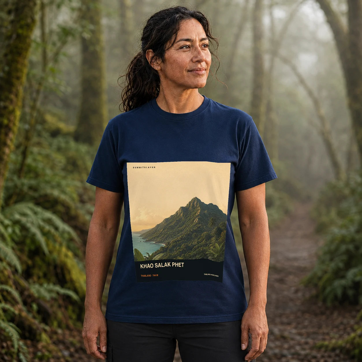 Navy Khao Salak Phet T-shirt front with mountain artwork