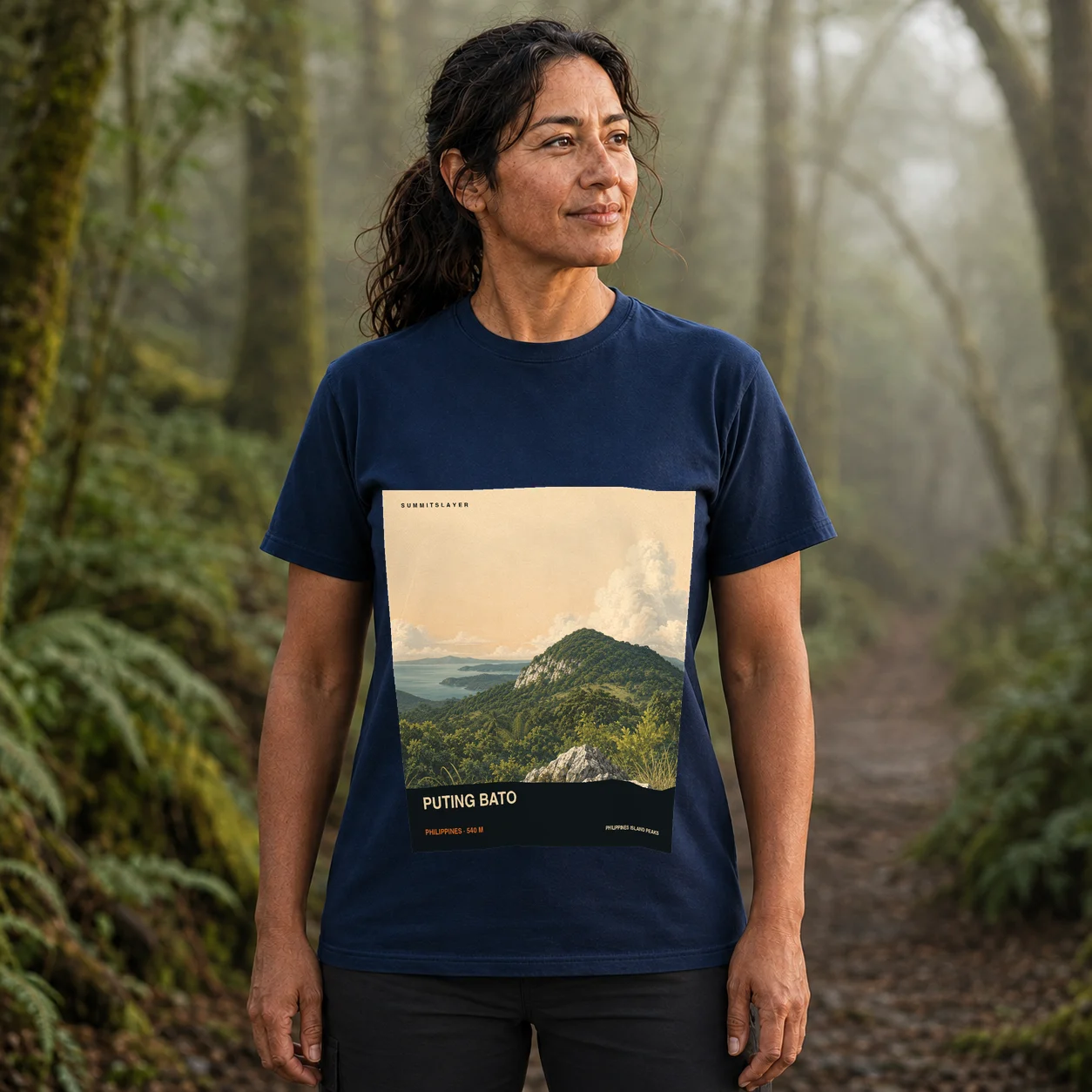 Navy Puting Bato T-shirt front with mountain artwork