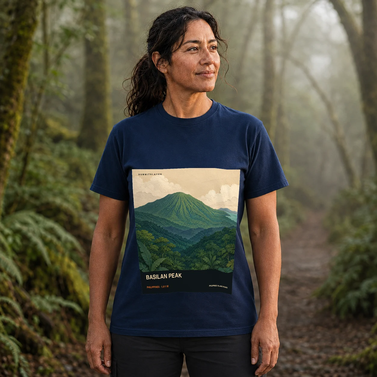 Navy BASILAN PEAK T-shirt front with mountain artwork