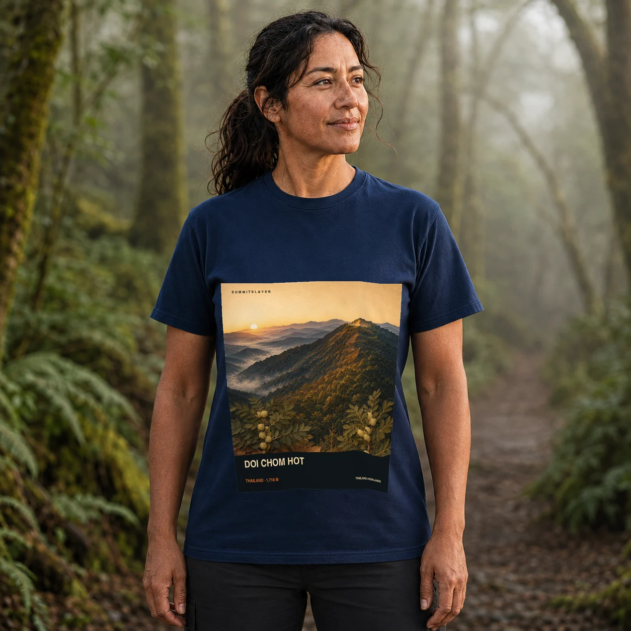 Navy DOI CHOM HOT T-shirt front with mountain artwork