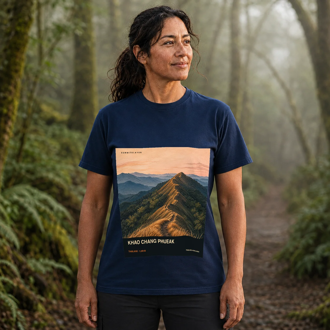 Navy KHAO CHANG PHUEAK T-shirt front with mountain artwork