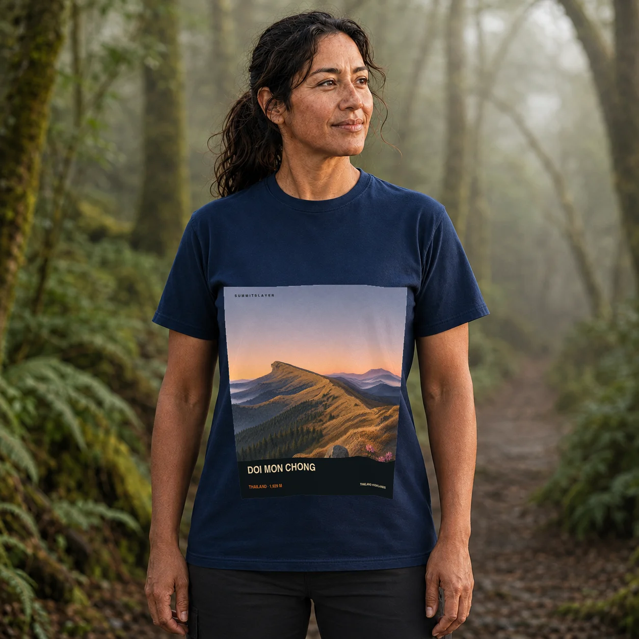 Navy Khao Khun Mae Tuen T-shirt front with mountain artwork