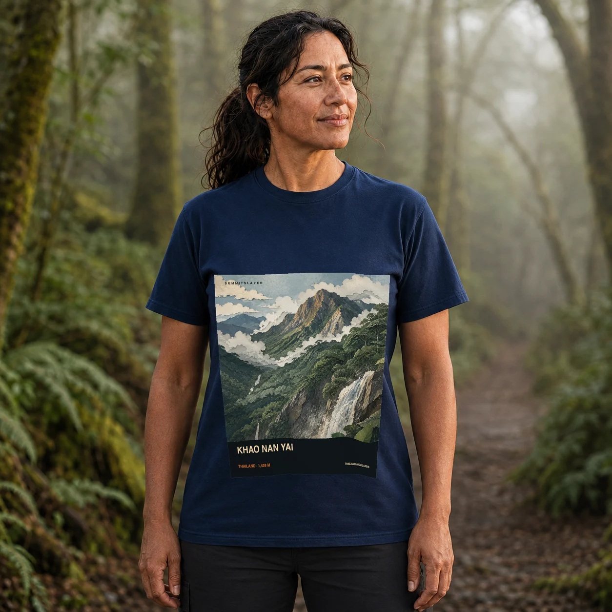 Navy Khao Nan Yai T-shirt front with mountain artwork