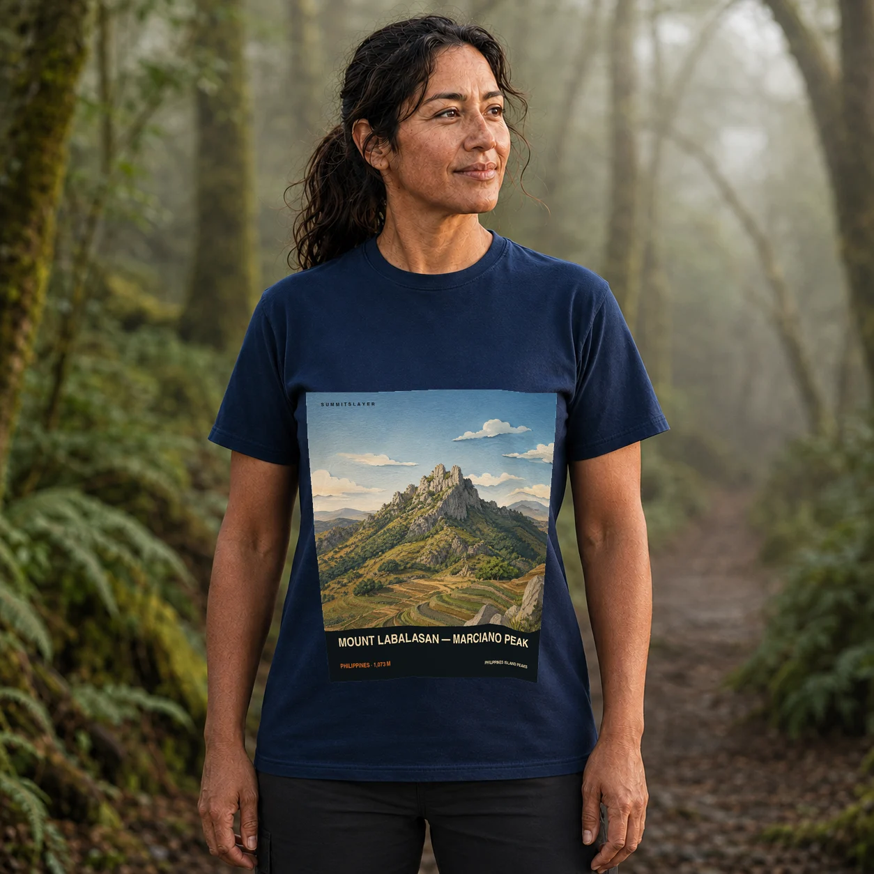 Navy MOUNT LABALASAN — MARCIANO PEAK T-shirt front with mountain artwork