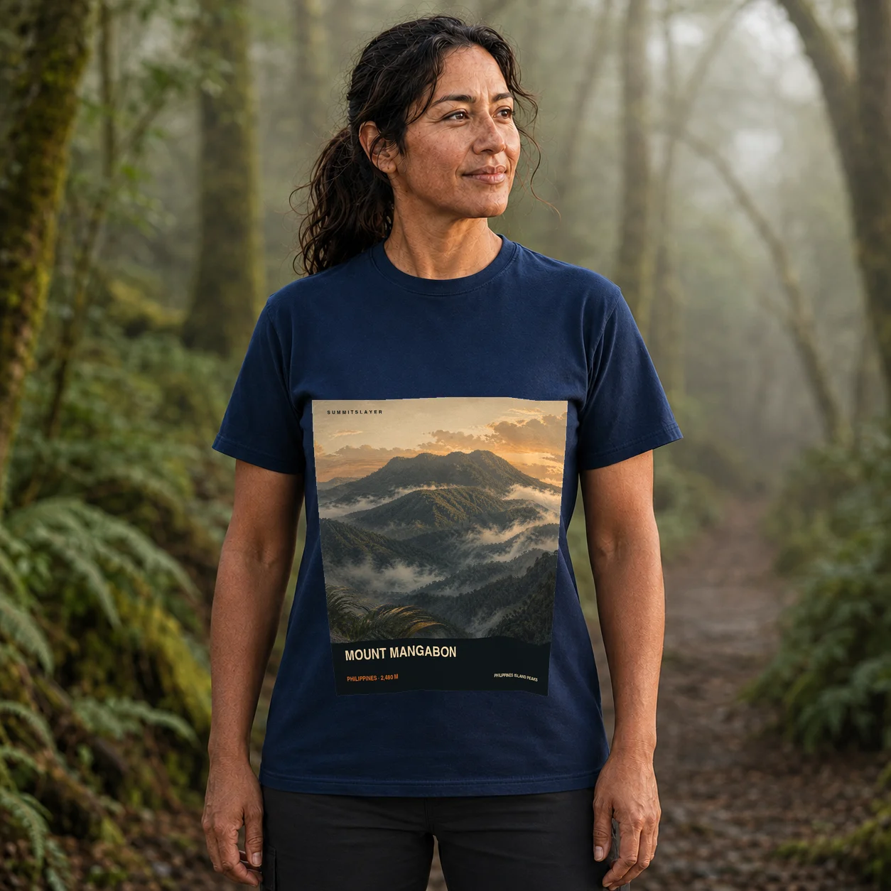 Navy Mount Mangabon T-shirt front with mountain artwork
