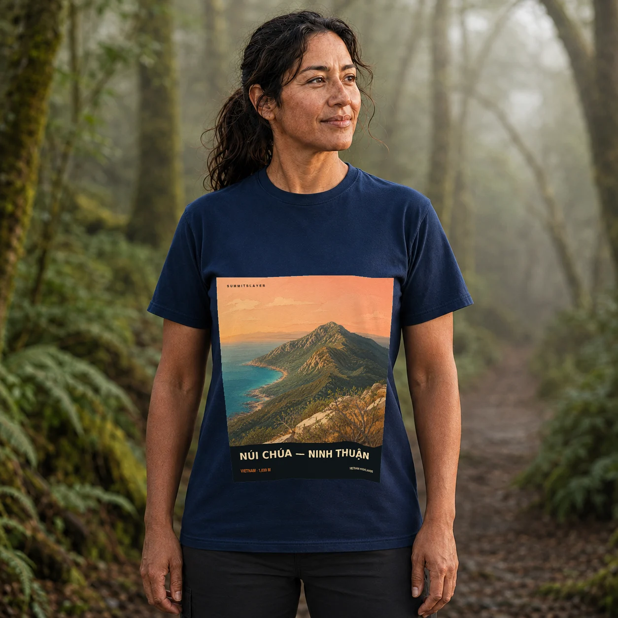 Navy NÚI CHÚA — NINH THUẬN T-shirt front with mountain artwork