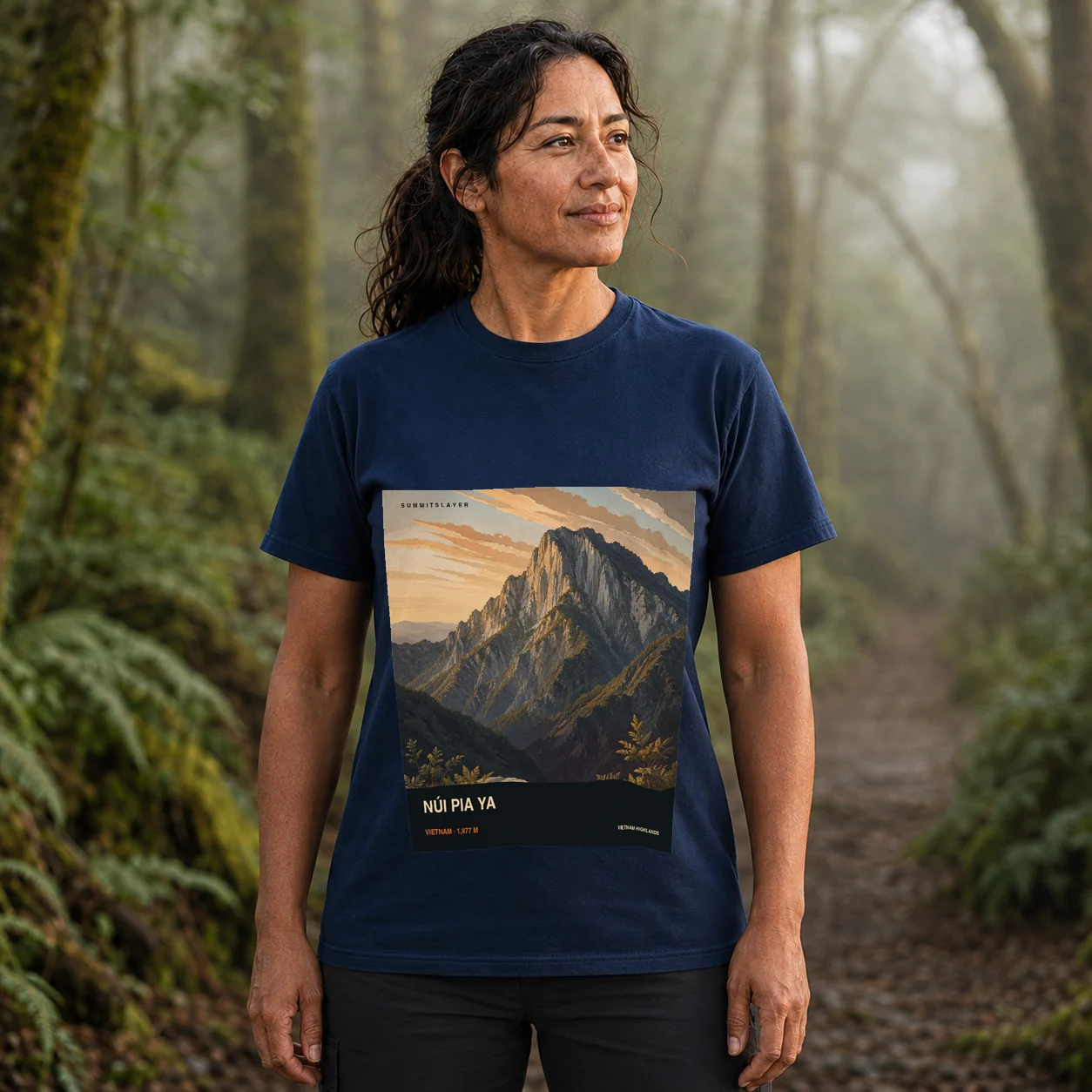 Navy NÚI PIA YA T-shirt front with mountain artwork