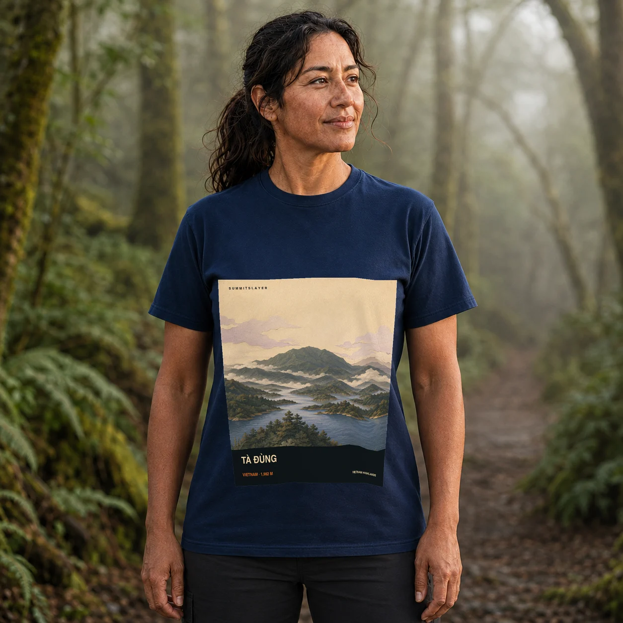 Navy Núi Ta Đung T-shirt front with mountain artwork