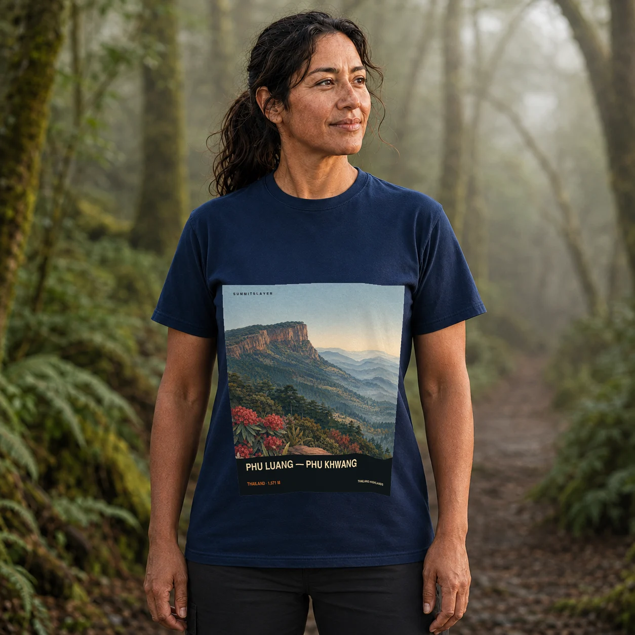 Navy Phu Luang T-shirt front with mountain artwork