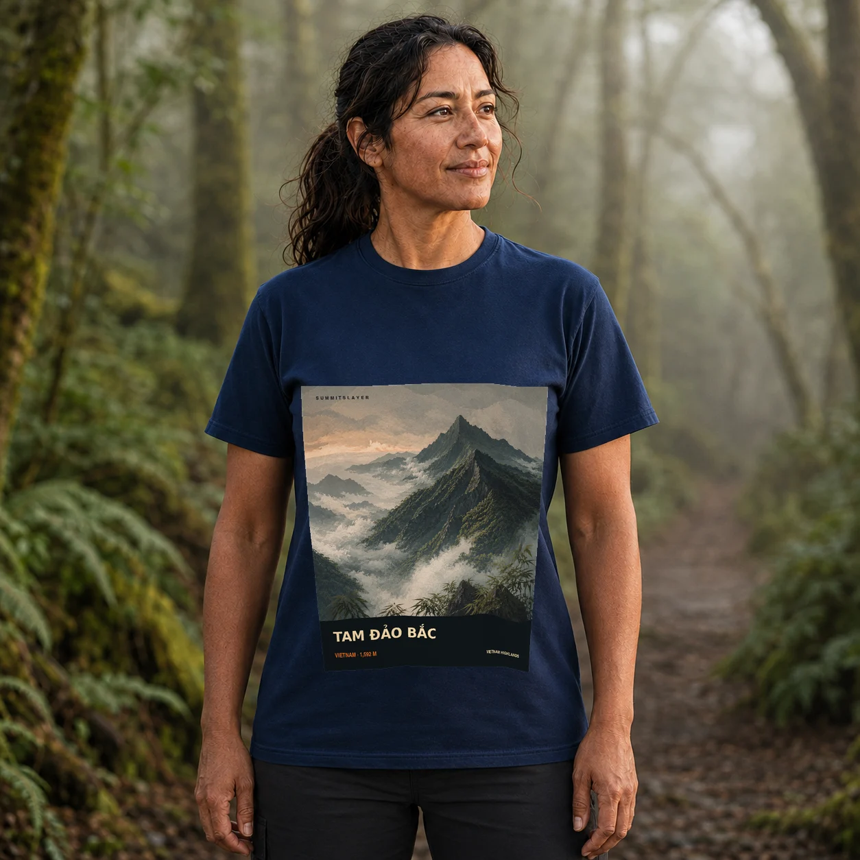 Navy Tam Đảo Bắc T-shirt front with mountain artwork