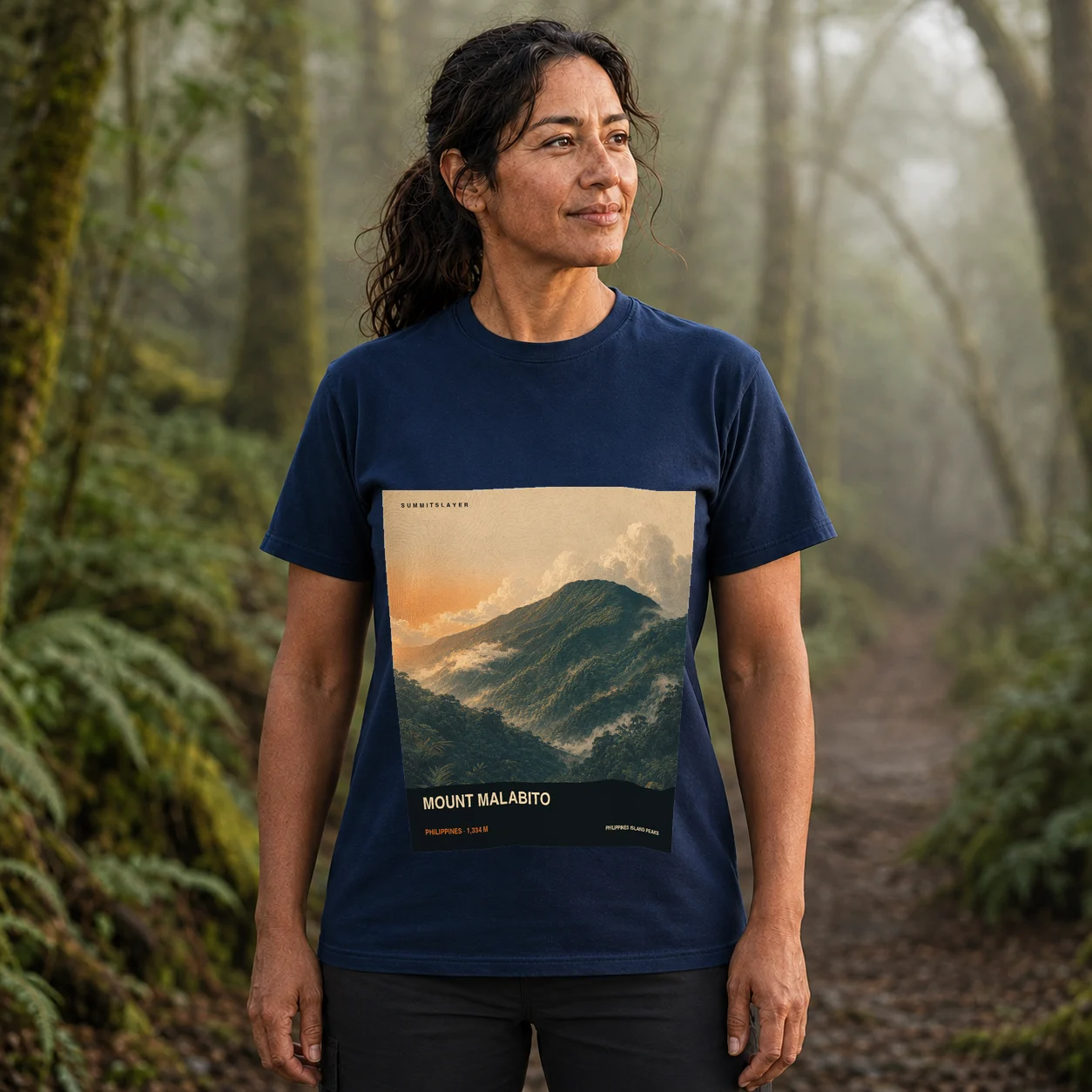Navy Mount Malabito T-shirt front with mountain artwork
