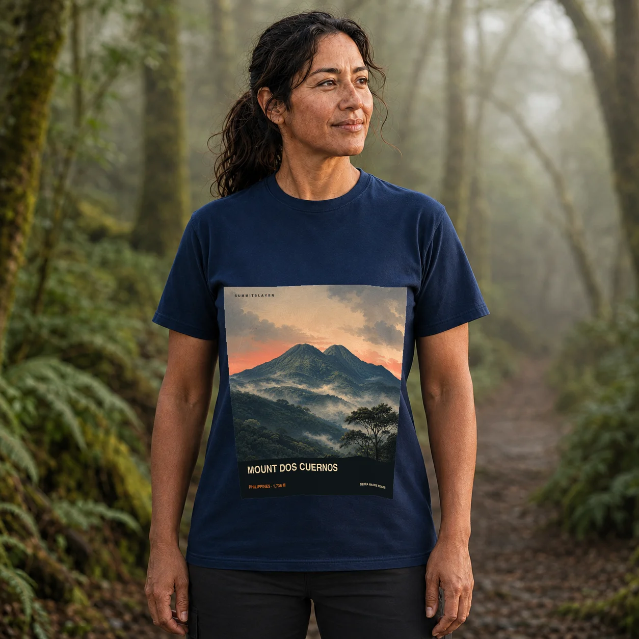 Navy Mount Dos Cuernos T-shirt front with mountain artwork