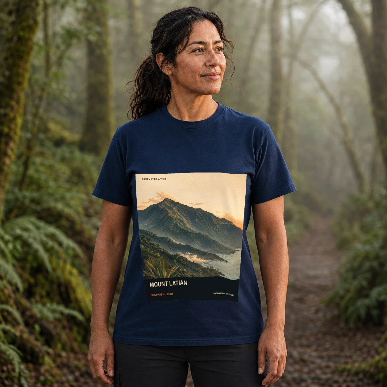 Navy Mount Latian T-shirt front with mountain artwork