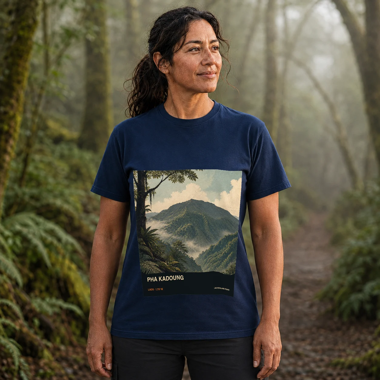 Navy Pha Kadoung T-shirt front with mountain artwork