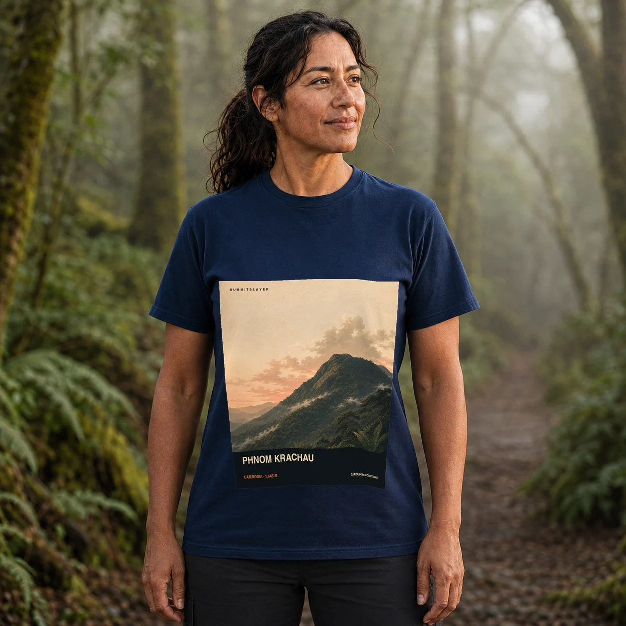 Navy Phnum Krachau T-shirt front with mountain artwork