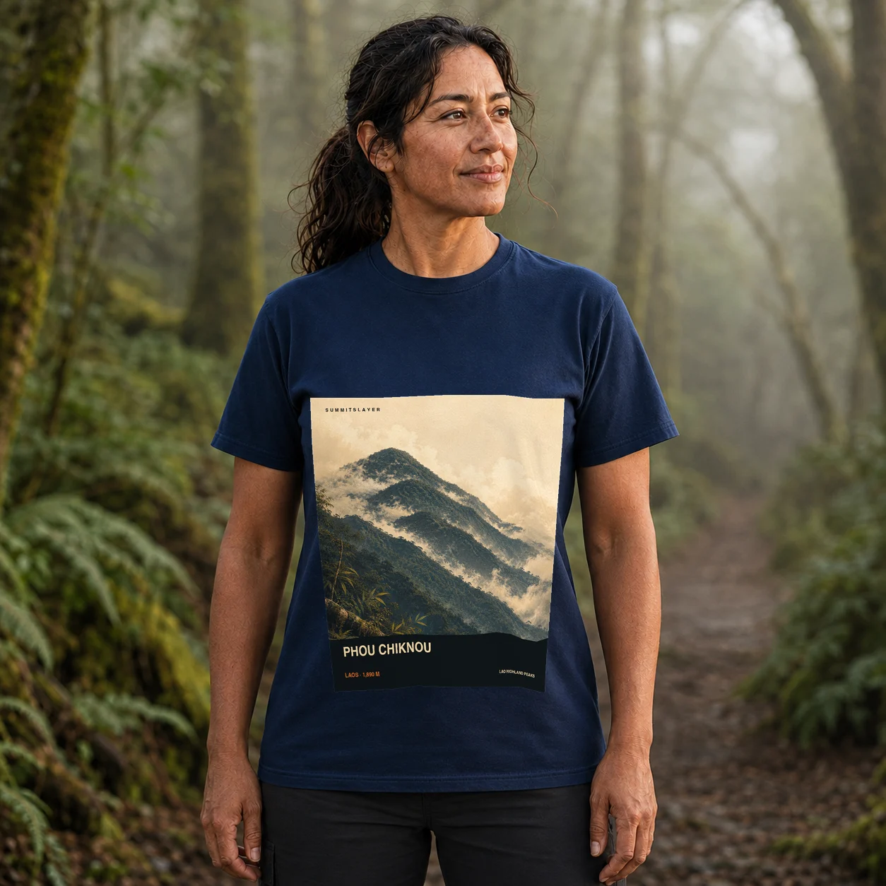Navy Phou Chiknou T-shirt front with mountain artwork
