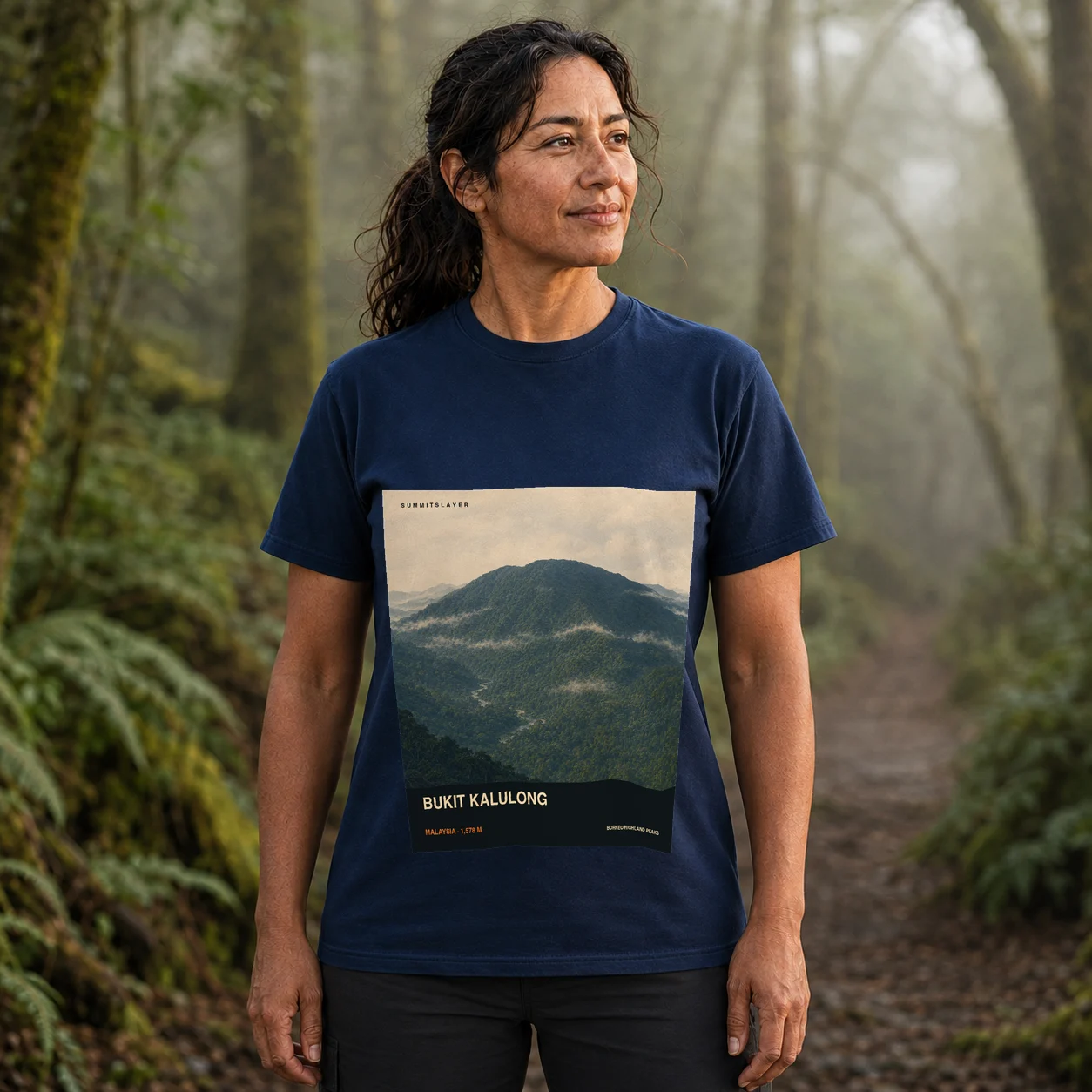 Navy Bukit Kalulong T-shirt front with mountain artwork