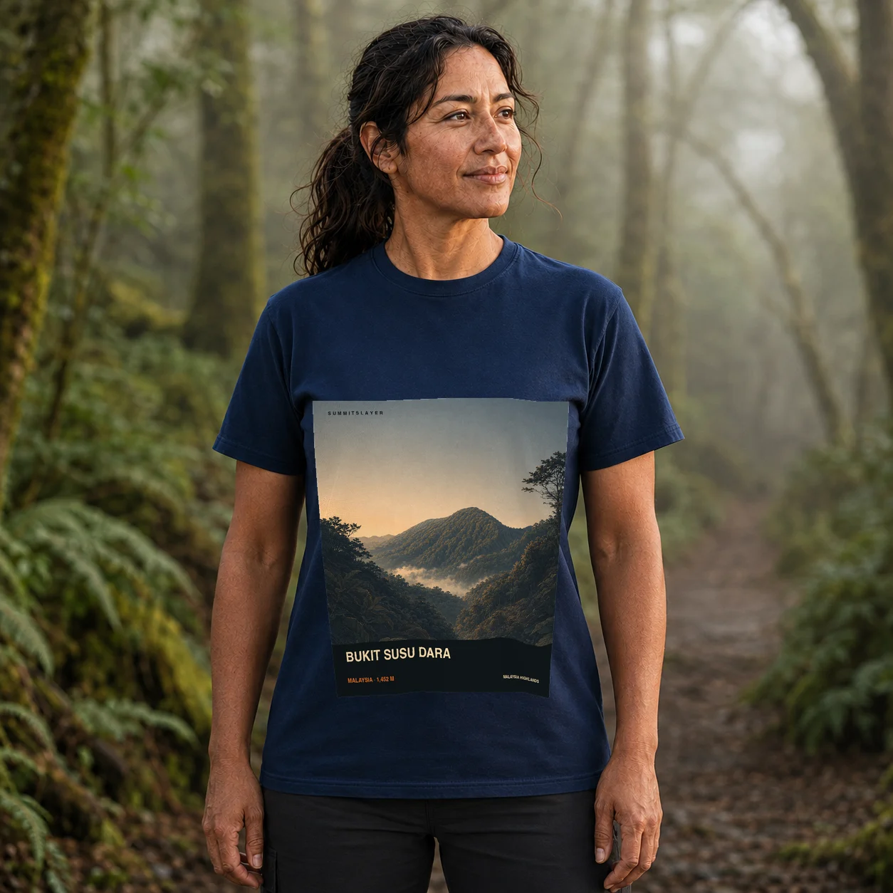Navy Bukit Susu Dara T-shirt front with mountain artwork
