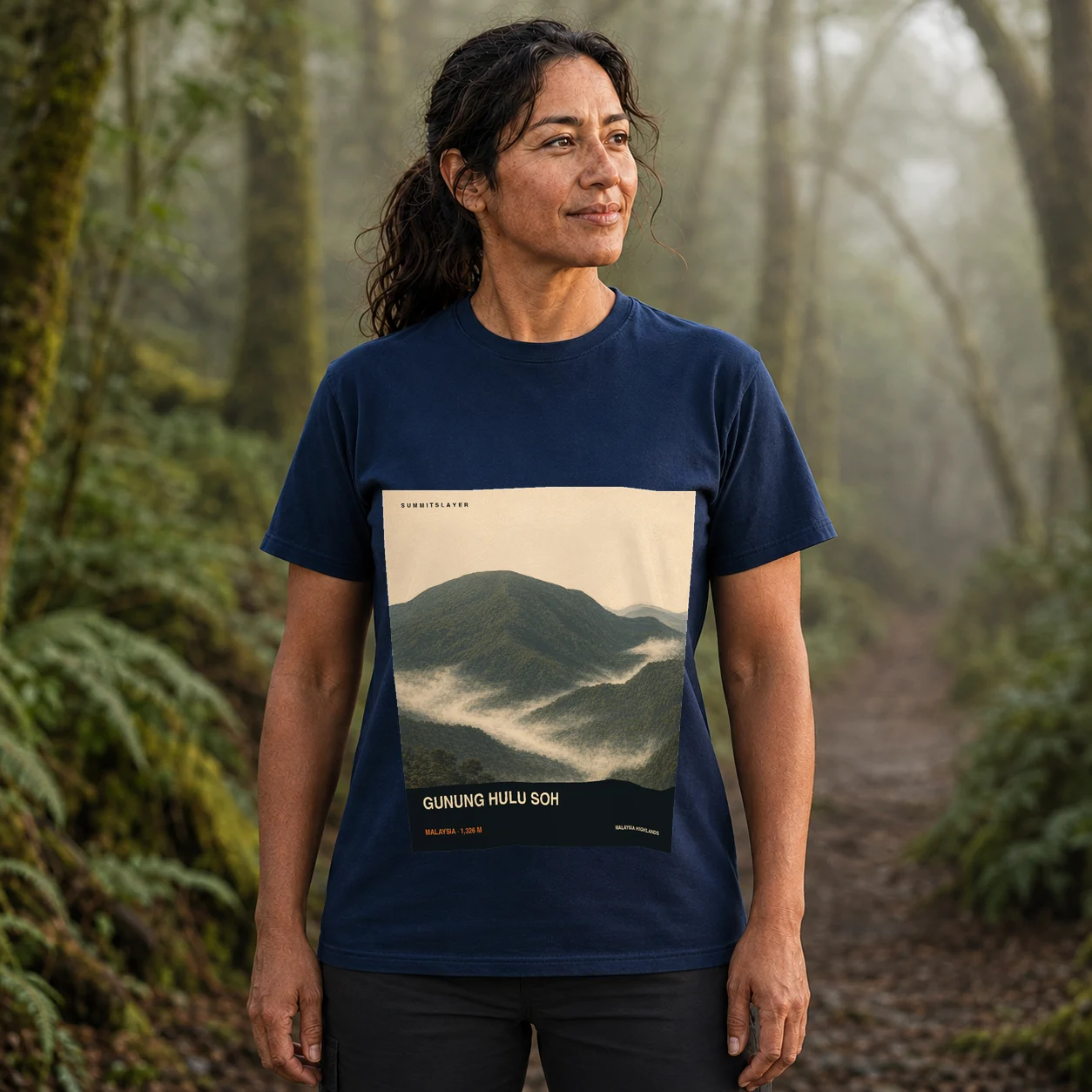Navy Gunung Hulu Soh T-shirt front with mountain artwork