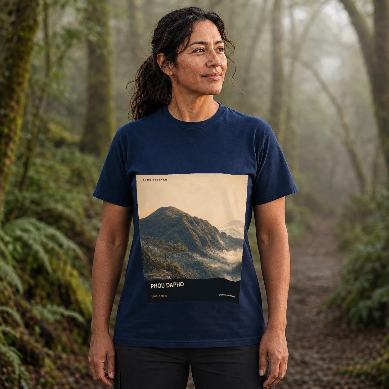 Navy Phou Dapho T-shirt front with mountain artwork
