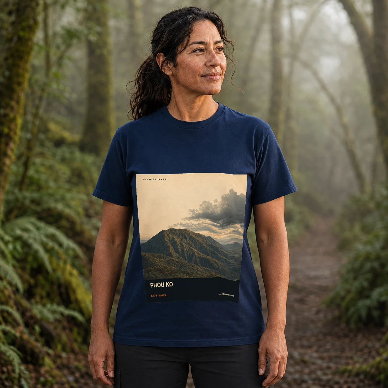Navy Phou Kho T-shirt front with mountain artwork