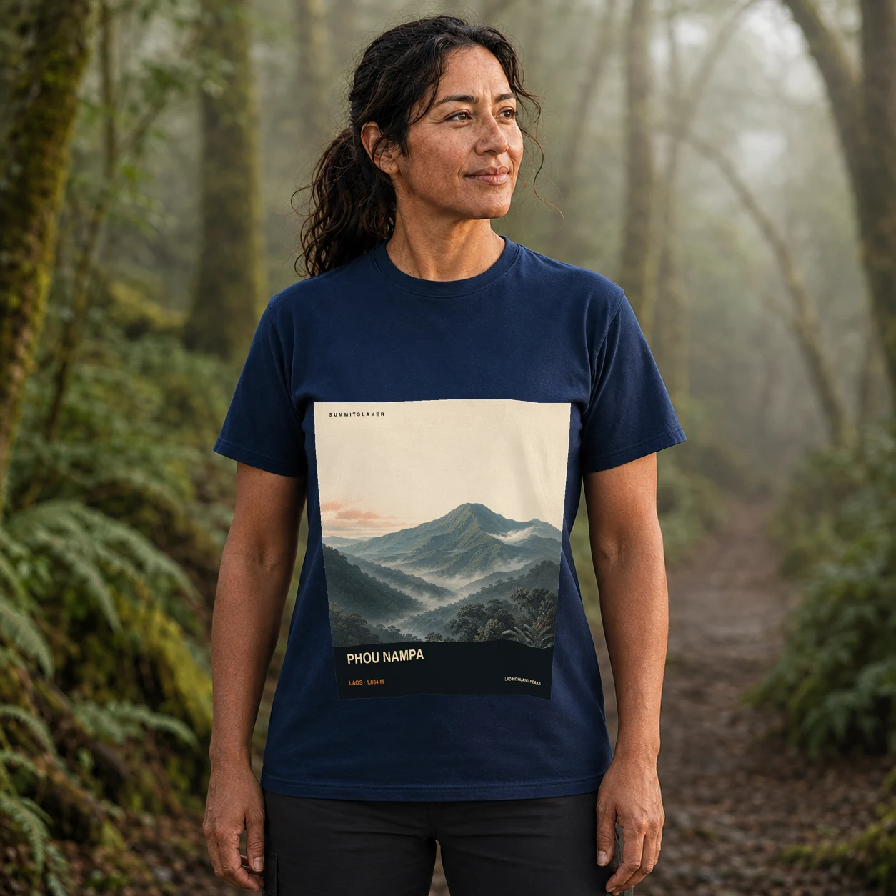 Navy Phou Nampa T-shirt front with mountain artwork