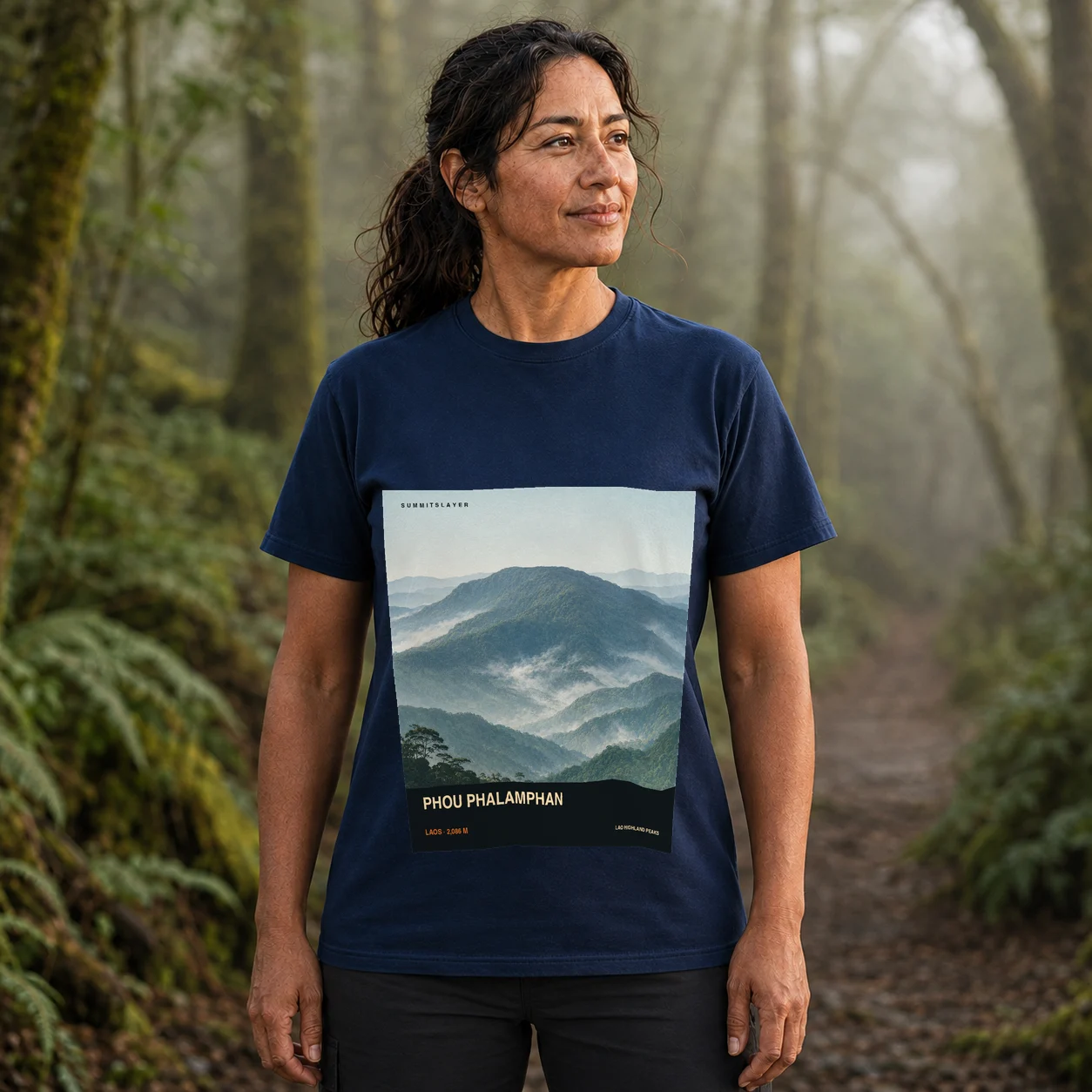 Navy Phou Phalamphan T-shirt front with mountain artwork