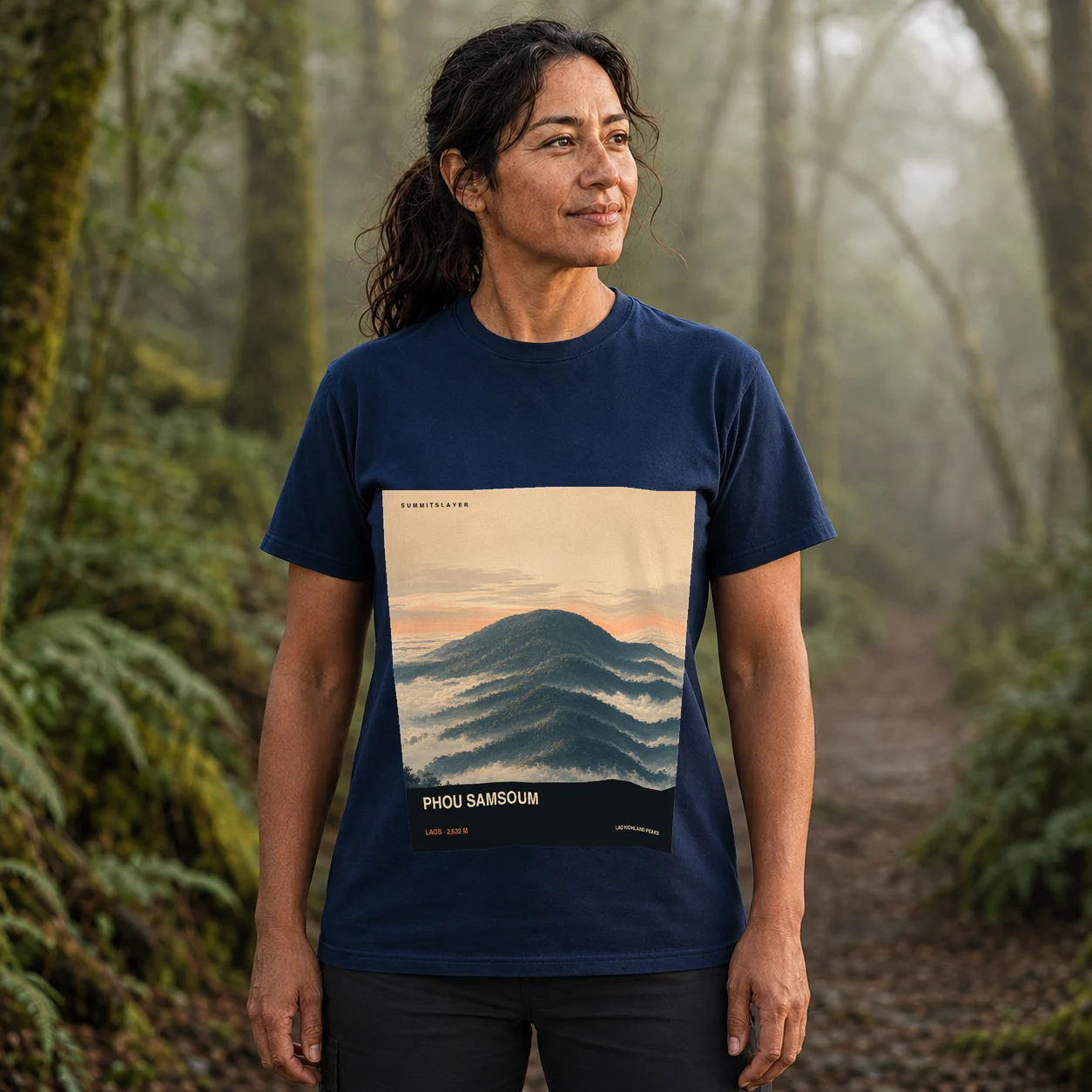 Navy Phou Samsoum T-shirt front with mountain artwork