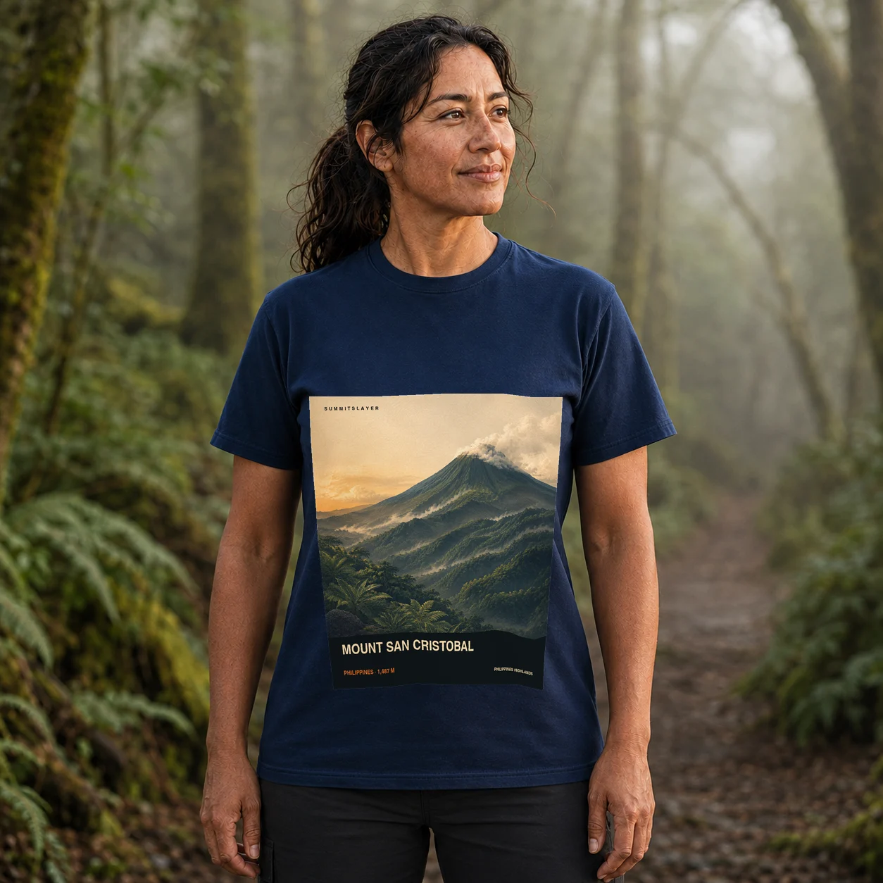 Navy Mount San Cristobal T-shirt front with mountain artwork