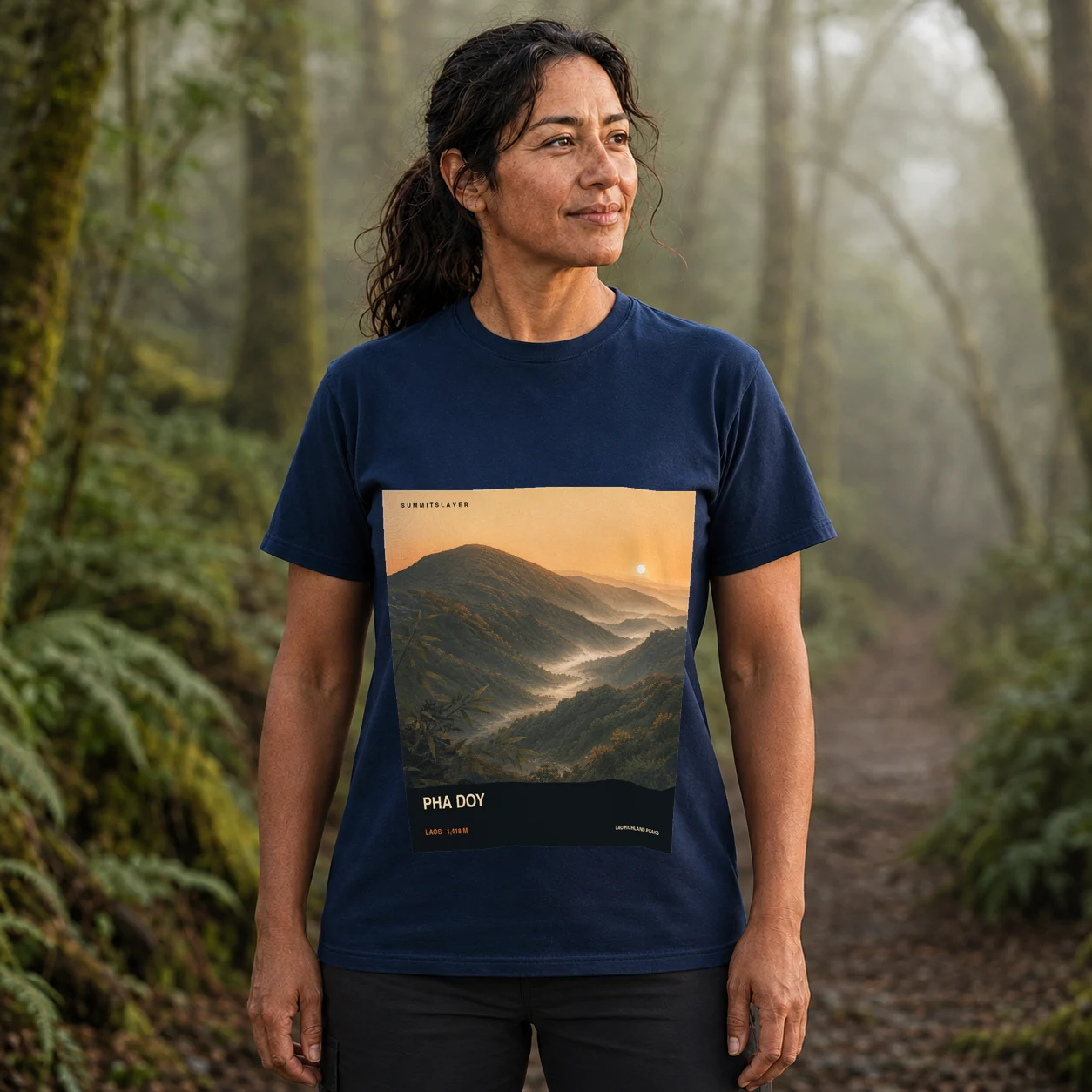 Navy Pha Doy T-shirt front with mountain artwork