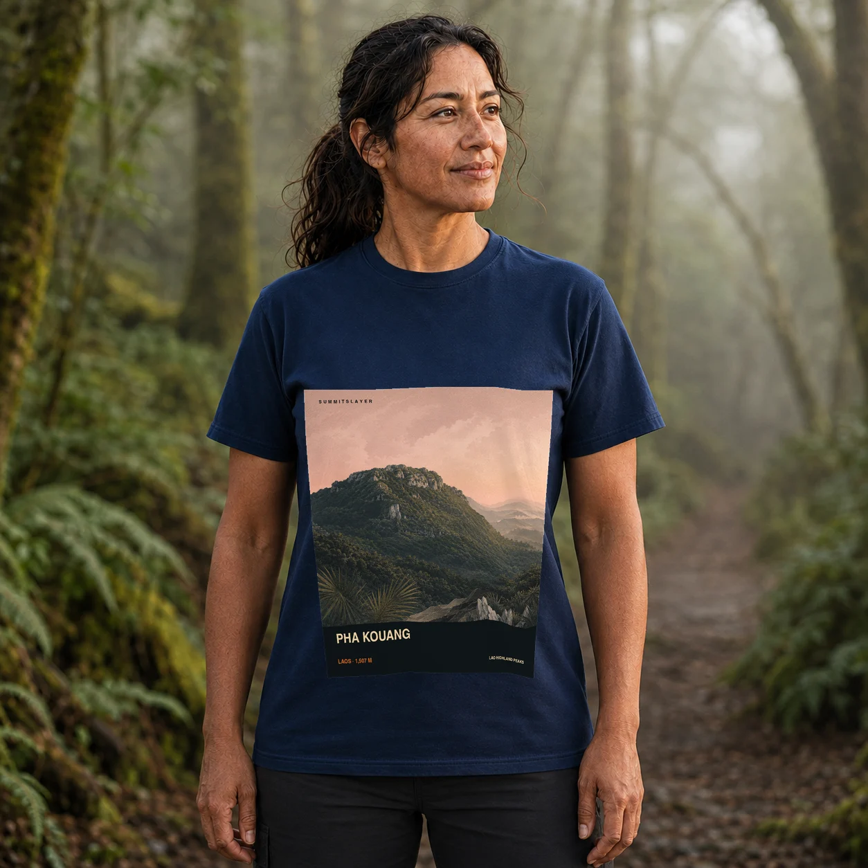 Navy Pha Kouang T-shirt front with mountain artwork