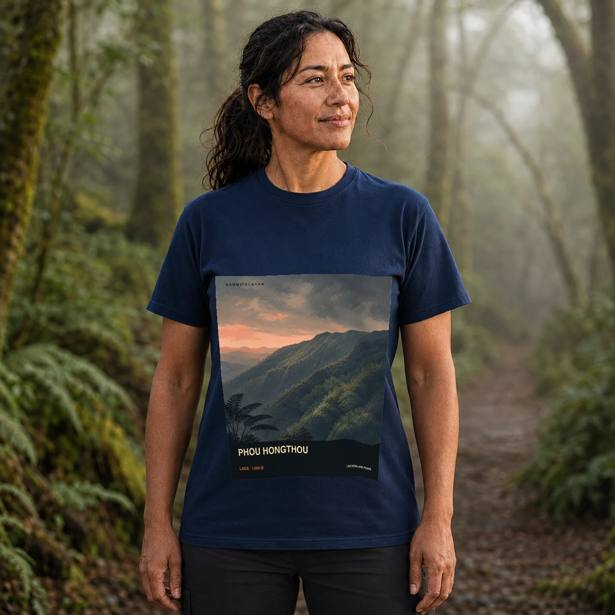 Navy Phou Hongthou T-shirt front with mountain artwork