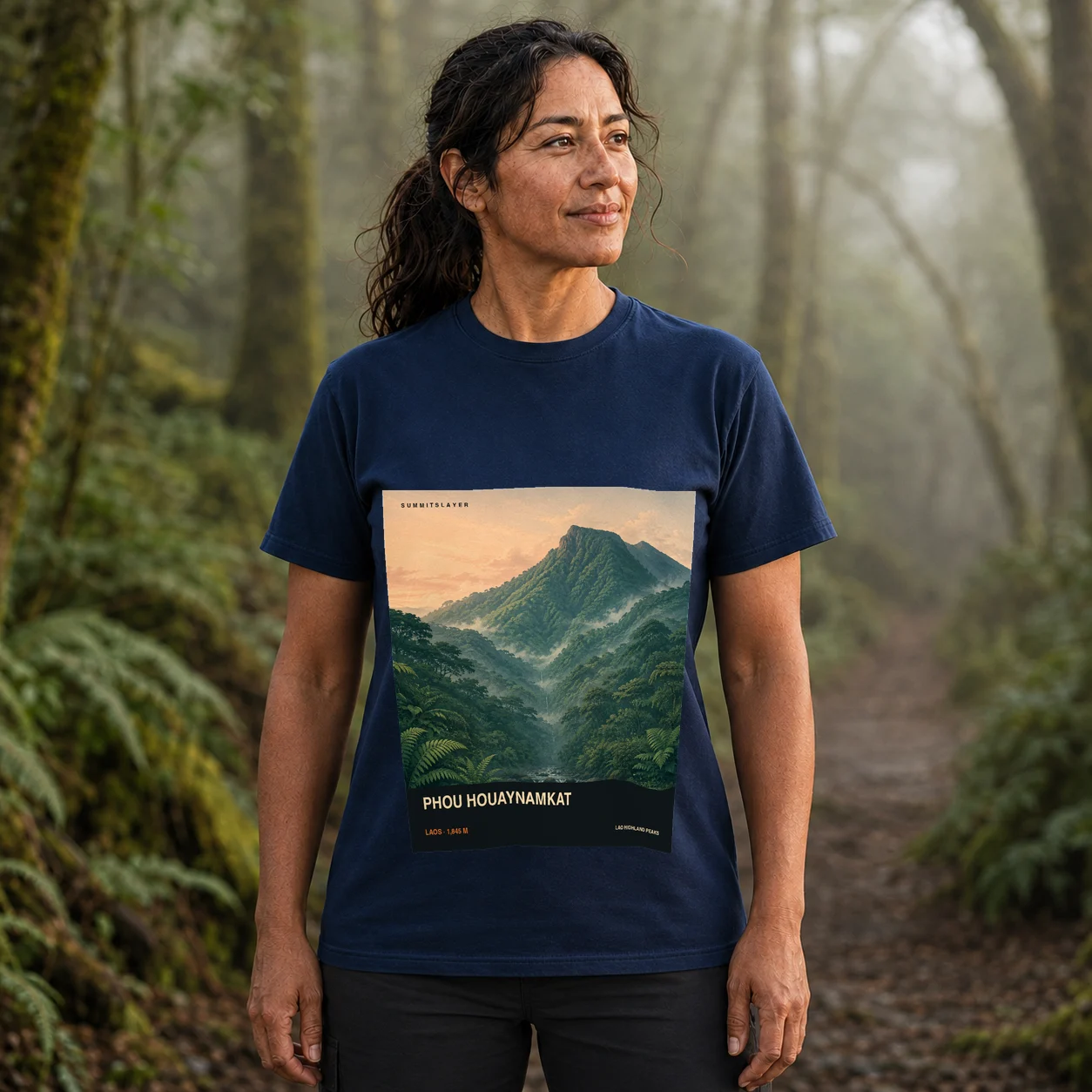 Navy Phou Houaynamkat T-shirt front with mountain artwork