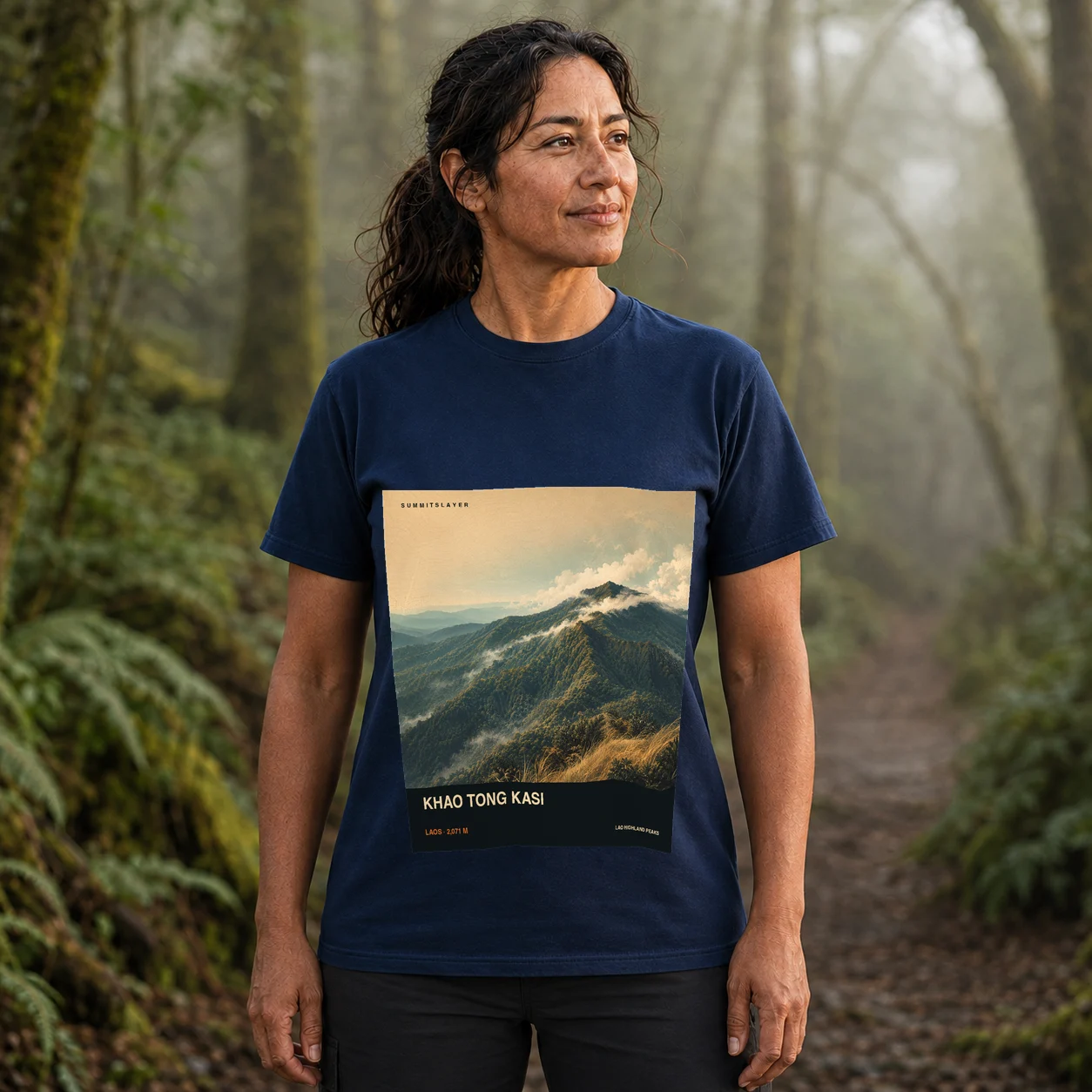 Navy Phou Khaotongkasi T-shirt front with mountain artwork