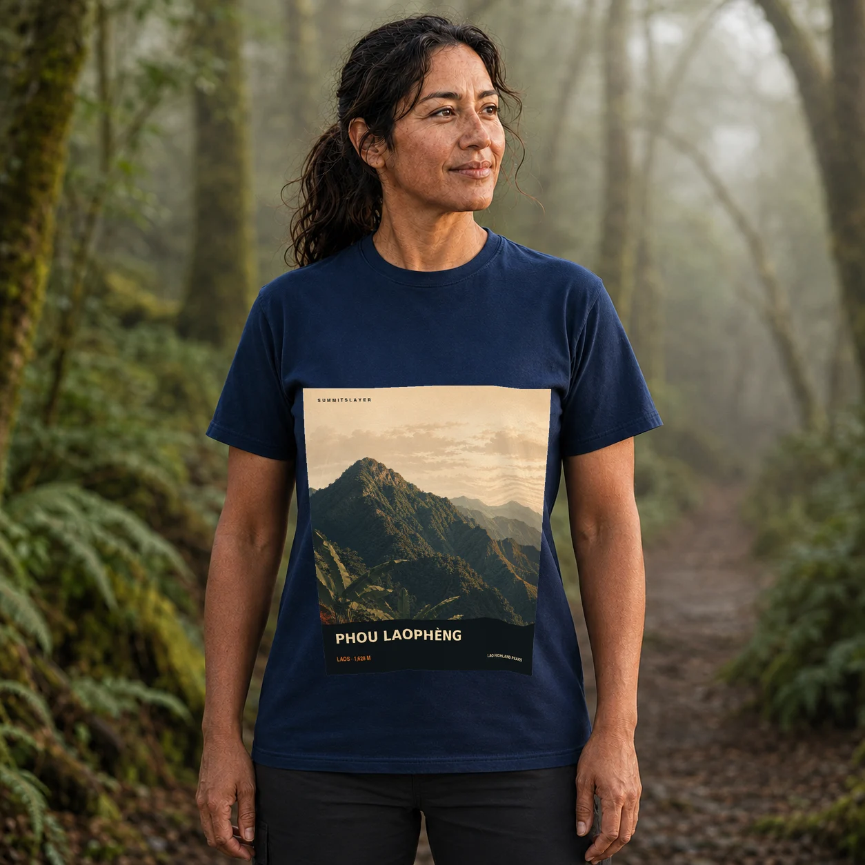 Navy Phou Laophèng T-shirt front with mountain artwork