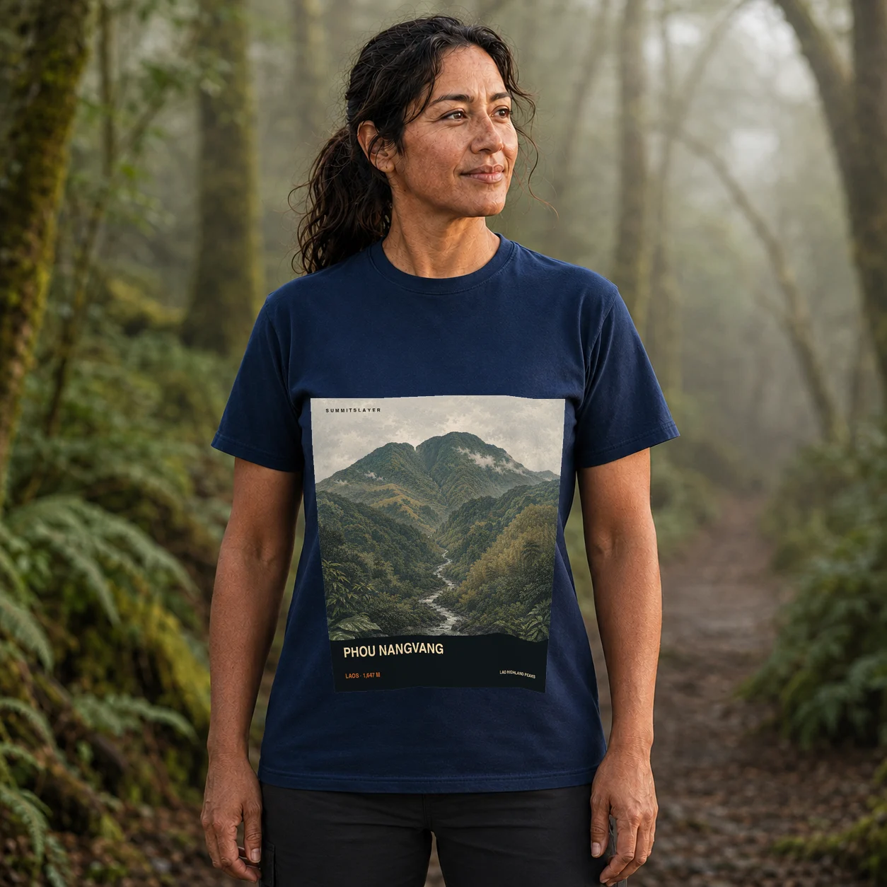 Navy Phou Nangvang T-shirt front with mountain artwork