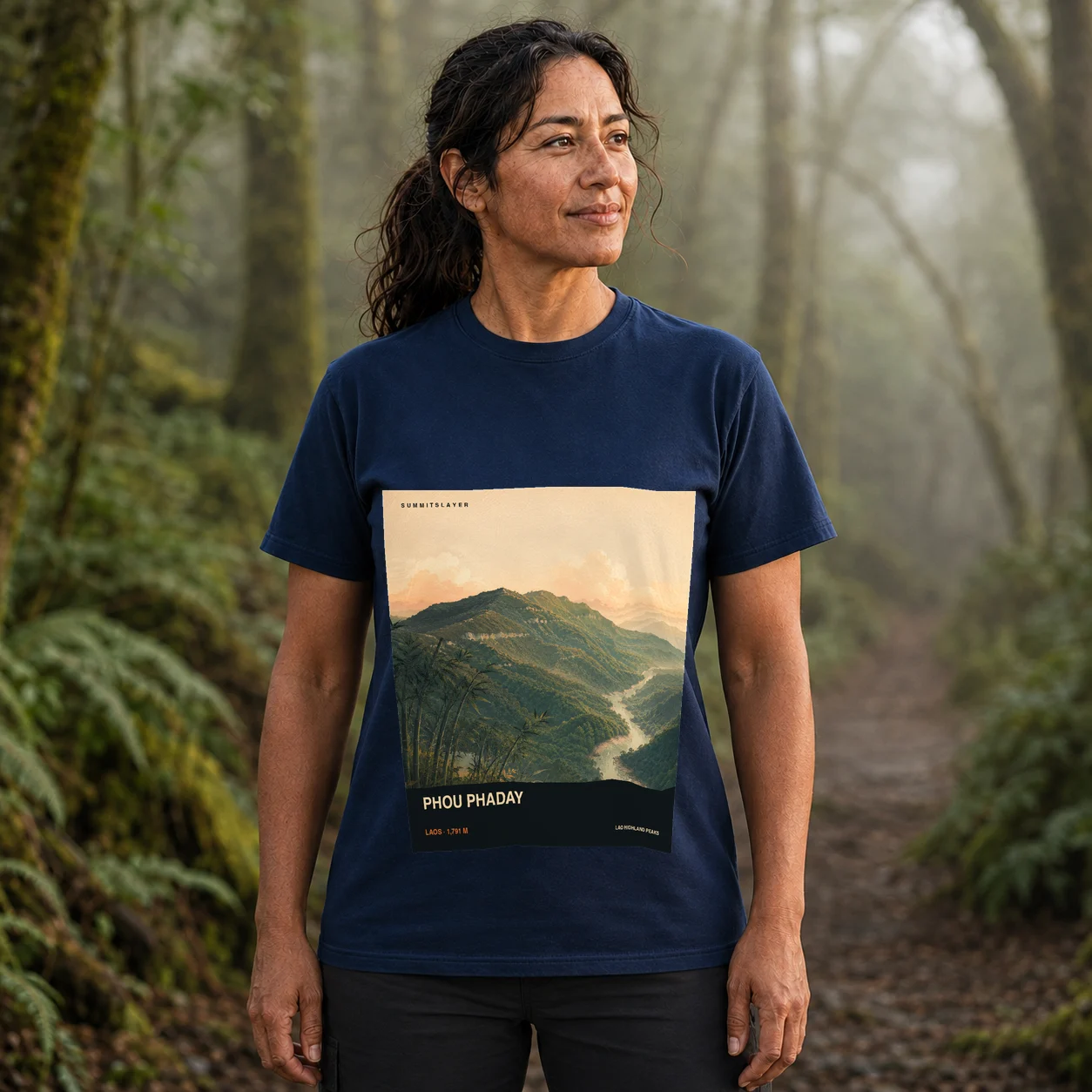 Navy Phou Phaday T-shirt front with mountain artwork