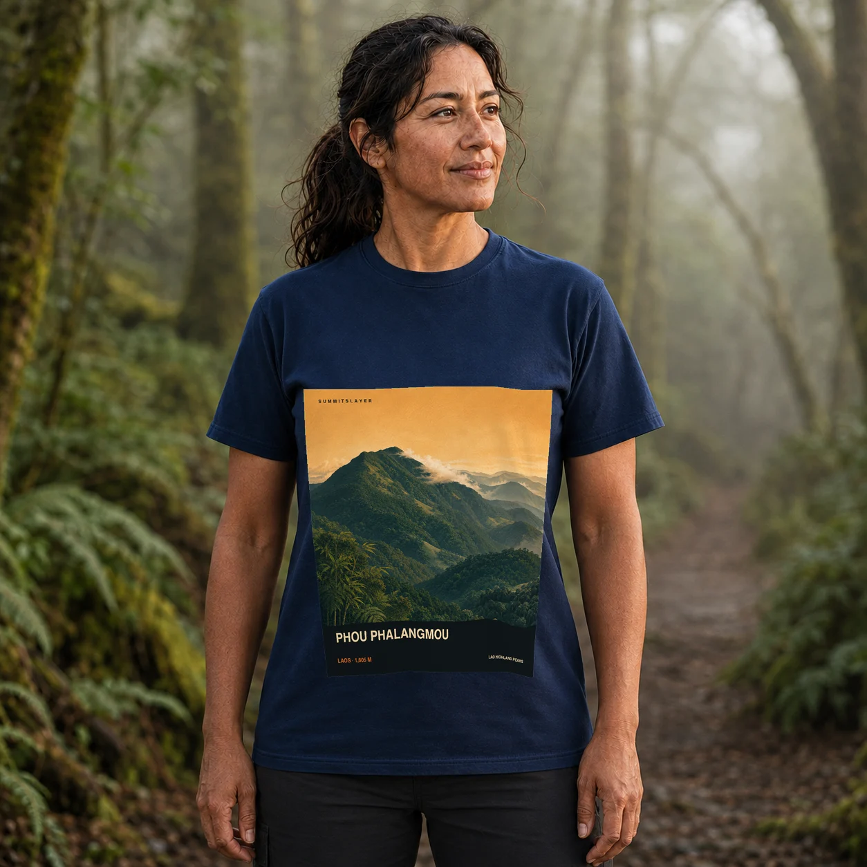Navy Phou Phalangmou T-shirt front with mountain artwork