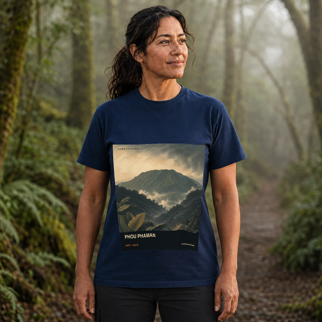 Navy Phou Phaman T-shirt front with mountain artwork